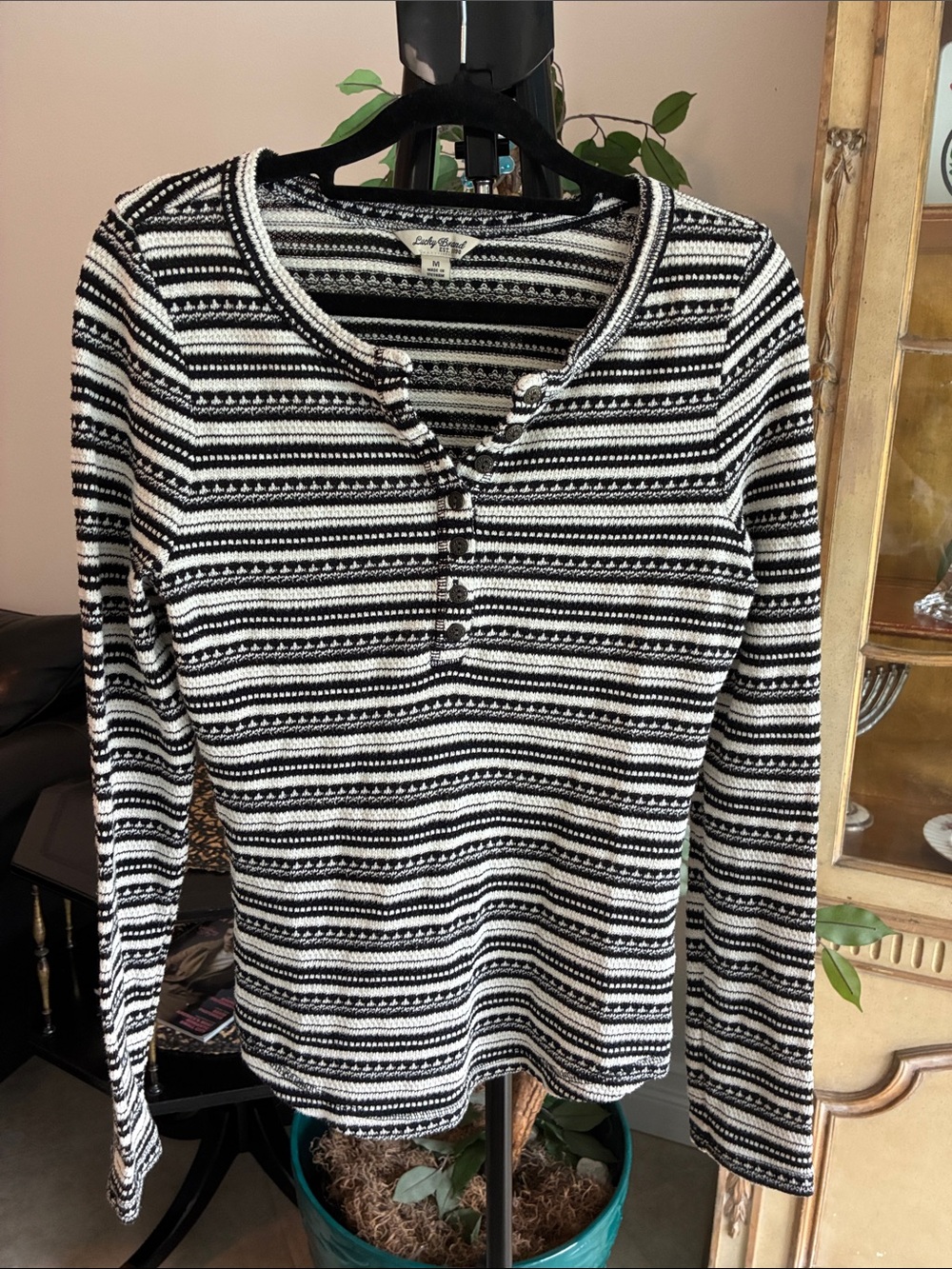 LUCKY BRAND Chloe Striped Thermal Henley Top Waffle Knit Black White Size Medium